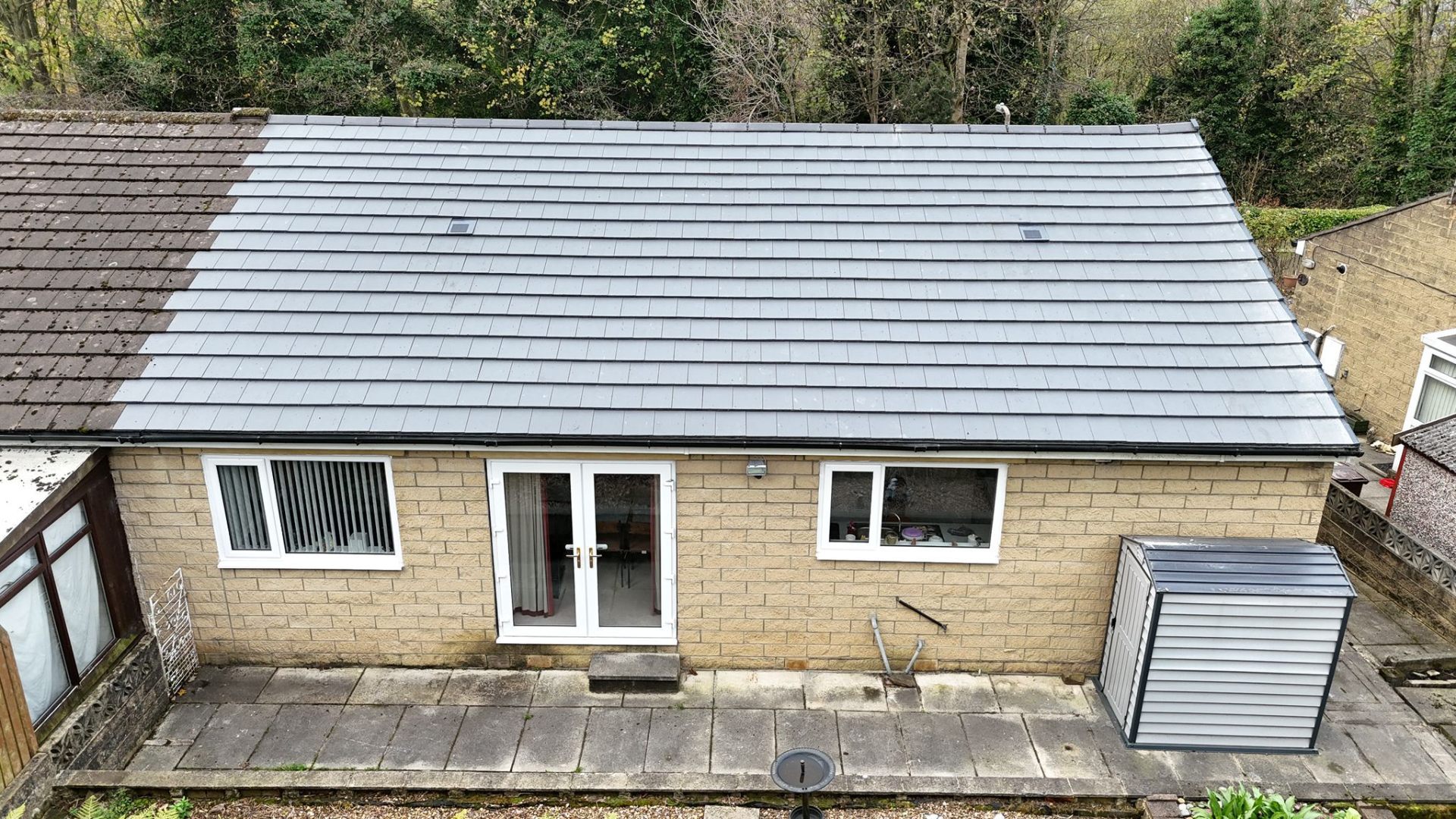 Bungalow re-roof rear view showing new felt and battens