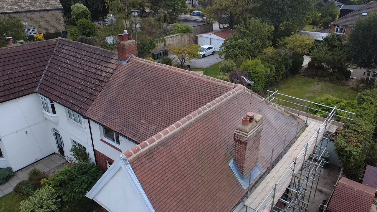Aerial view of chimney stack with new flashing in Leeds